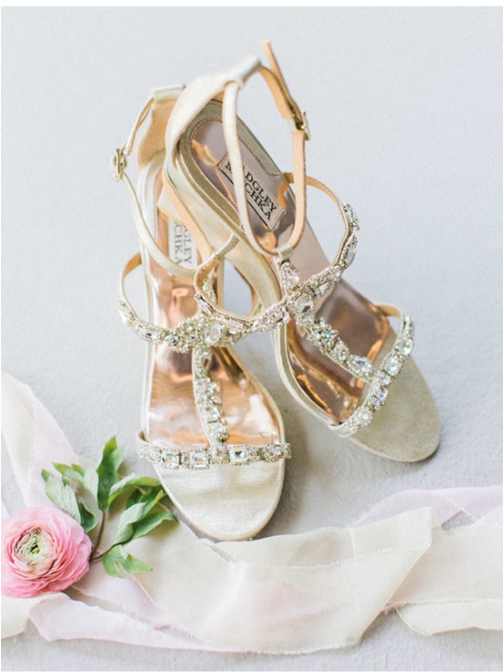 Badgley Mischka The Melissa Strappy Wedge Shoe Ivory and Gold Crystal T-Strap